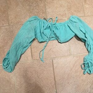 Andi Bagus Elegant Teal Off-Shoulder Crop Top cotton